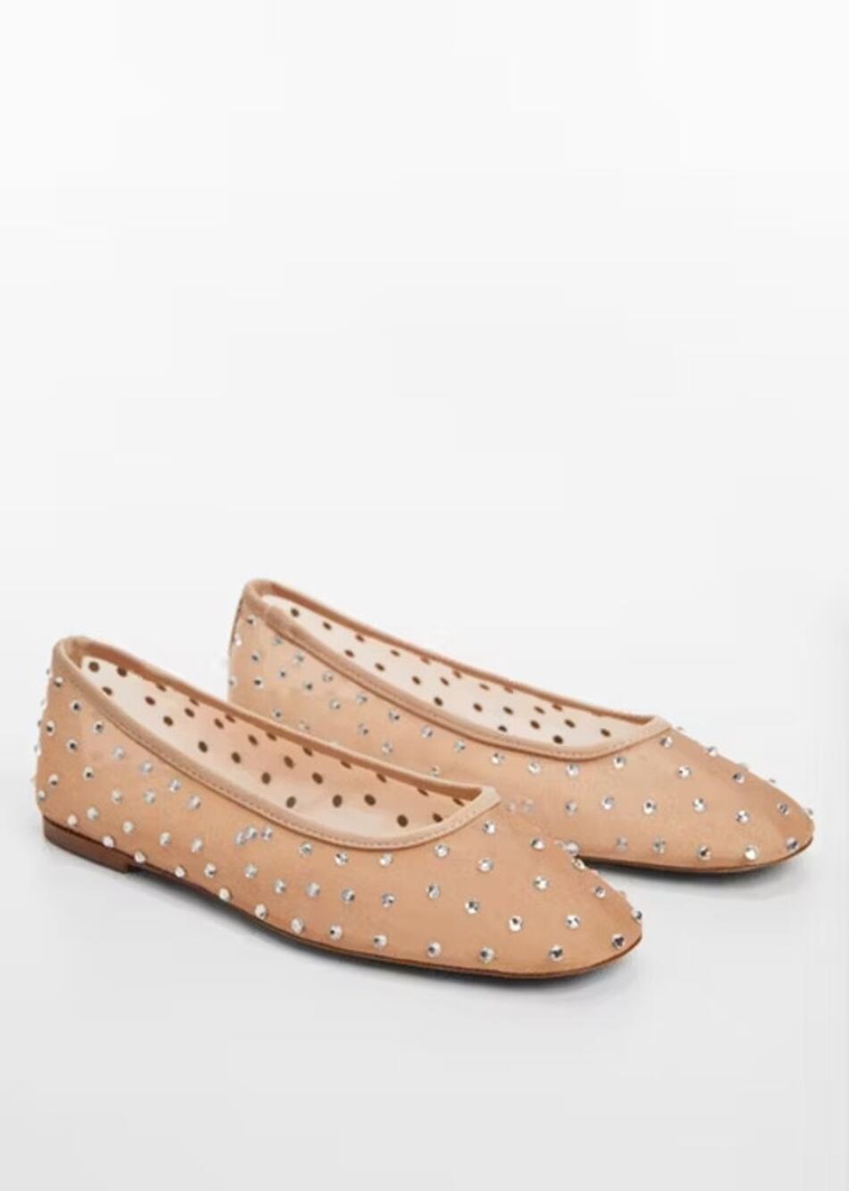 Mango MNG Rhinestone-Embellished Mesh Ballet Flats Nude Beige Women's EU 38 NWT
